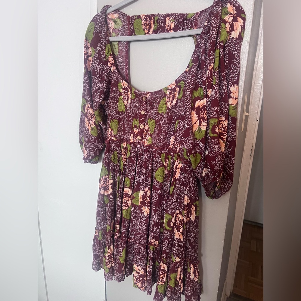 Free People Burgundy and Green Floral Dress